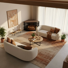 OnePaw EIRENE modern living room with white sofas, a wooden coffee table, and a corner pet crate.