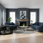 OnePaw EIRENE modern living room with gray walls, blue sofas, and a rcorner pet crate.