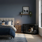 OnePaw EIRENE modern bedroom with a bed, nightstands, and a black pet crate.