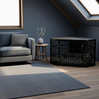 OnePaw EIRENE modern living room with a gray sofa, black pet crate, and wooden table.