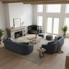 OnePaw EIRENE modern living room with blue sofas, a fireplace, and a wooden corner pet crate.