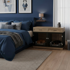 OnePaw ELARA modern bedroom with blue bedding, wooden pet crate, and abstract art on a blue wall.