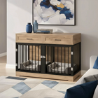 OnePaw ELARA pet crate integrated into a wooden cabinet with decorative elements in a living room.