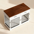 OnePaw ELARA white pet crate with wooden top on a beige background.