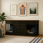 OnePaw EMBER dark wooden pet crate with sliding doors in a living room setting, featuring framed art on the wall.