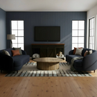 OnePaw EMBER modern living room with dark gray sofas, a wooden coffee table, and a wooden pet crate.