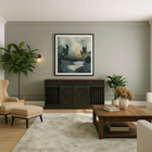 OnePaw EMBER modern living room with a wooden coffee table, armchair, and wooden pet crate
