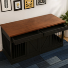 OnePaw EMBER wooden pet crate with black metal grid design on a blue carpeted floor.