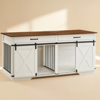 OnePaw EMBER white wooden pet crate with sliding doors on a beige background