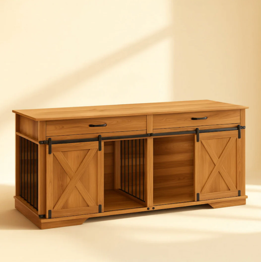 OnePaw EMBER wooden pet crate with sliding doors on a beige background