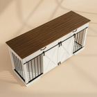 OnePaw EMBER wooden pet crate with metal bars on a beige background