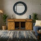 OnePaw EMBER wooden pet crate with sliding doors in a living room setting.