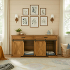 OnePaw EMBER wooden pet crate with doors open in a room with framed artwork on the wall.
