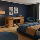 OnePaw EMBER modern bedroom with wooden pet crate, bed, and abstract art on a dark blue wall.