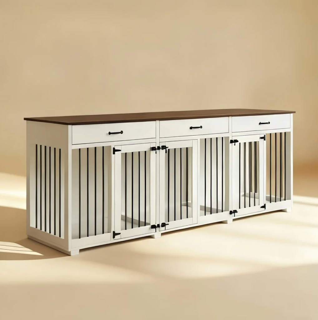 White wooden crate with doors on a beige background