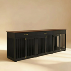 Black pet crate with wooden top on a beige background
