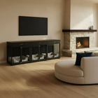 Living room with a fireplace, TV, and a black pet crate.