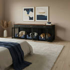 Pet crates inside a bedroom with a bed and decor