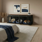 Pet crate with sleeping dogs in a bedroom setting