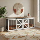 OnePaw HAVEN white pet crate with wooden top in a room with decorative wall art and plants.