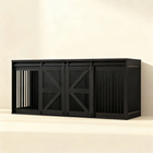 OnePaw HAVEN black pet crate with sliding doors on a beige background.
