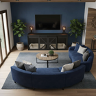 OnePaw HAVEN modern living room with a blue curved sofa, round coffee table, and a pet crate.