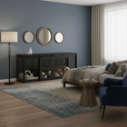 OnePaw HAVEN modern bedroom with dark wooden pet crate, gray walls, and a bed with pillows.