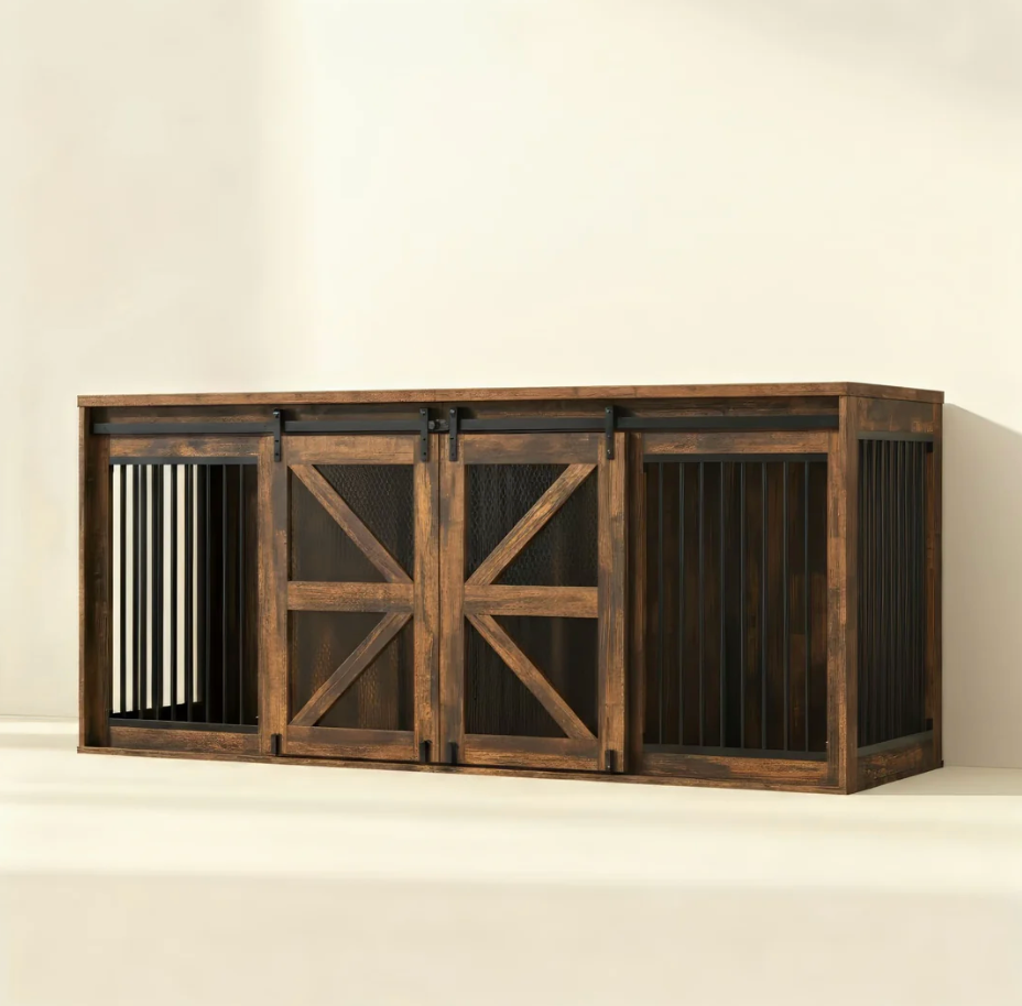 OnePaw HAVEN wooden pet crate with sliding doors on a beige background.