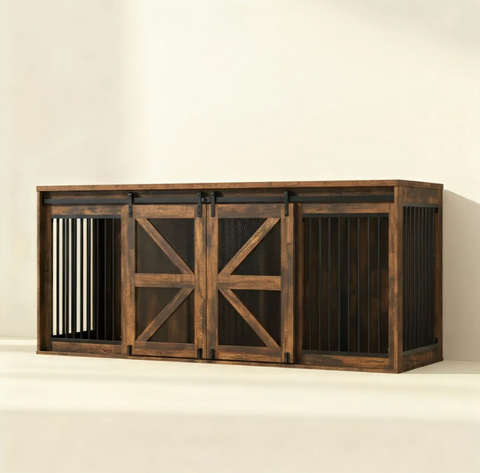 OnePaw HAVEN wooden pet crate with sliding doors on a beige background.