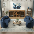 OnePaw HAVEN modern living room with blue sofas, wooden coffee table, and a pet crate.