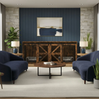 OnePaw HAVEN modern living room with dark blue walls, wooden furniture, and a pet crate.