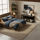 OnePaw LIVIA modern bedroom with wooden bed, shelves, and a wooden oet crate.