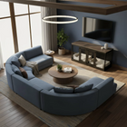 OnePaw LIVIA modern living room with a blue sectional sofa, wooden coffee table, and a pet crate.