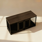 OnePaw LIVIA dark wooden pet crate with metal bars on a light background.
