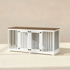 OnePaw LIVIA white pet crate with wooden top on a beige background.