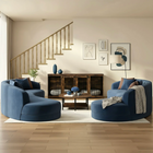 OnePaw LIVIA modern living room with blue sofas, wooden pet crate, and decorative items.