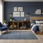 OnePaw LIVIA modern bedroom with wooden pet crate, blue walls, and decorative elements.