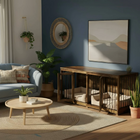 OnePaw LIVIA modern living room with gray sofa, wooden coffee table, and pet crate.