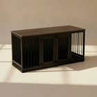 OnePaw LIVIA dark wooden pet crate with metal bars on a beige background.