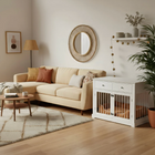 OnePaw LYRA living room with beige sectional sofa, white cabinet with pet crate, and decorative elements.