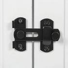 OnePaw LYRA black barn door latch on a white wooden pet crate door.
