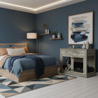 OnePaw LYRA modern bedroom with dark blue walls, wooden furniture, and a dog crate.