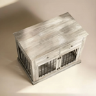 OnePaw LYRA wooden pet crate with metal bars on a beige background.
