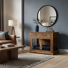 OnePaw LYRA wooden pet crate in a stylish living room with a round mirror and lamp.
