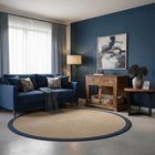 OnePaw LYRA modern living room with a blue sofa, wooden pet crate, and abstract painting on a blue wall.