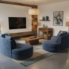 OnePaw LYRA modern living room with blue sofa, wooden coffee table, and a pet crate.