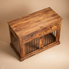 OnePaw LYRA wooden pet crate with a rustic design on a beige background