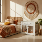 OnePaw LYRA cozy bedroom with a bed, white cabinet with pet crate, and decorative wall hanging.