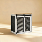 Modern pet crate with wooden top and metal sliding doors on a beige background
