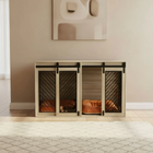 Modern wooden indoor dog kennel with beds inside, placed against a neutral wall.